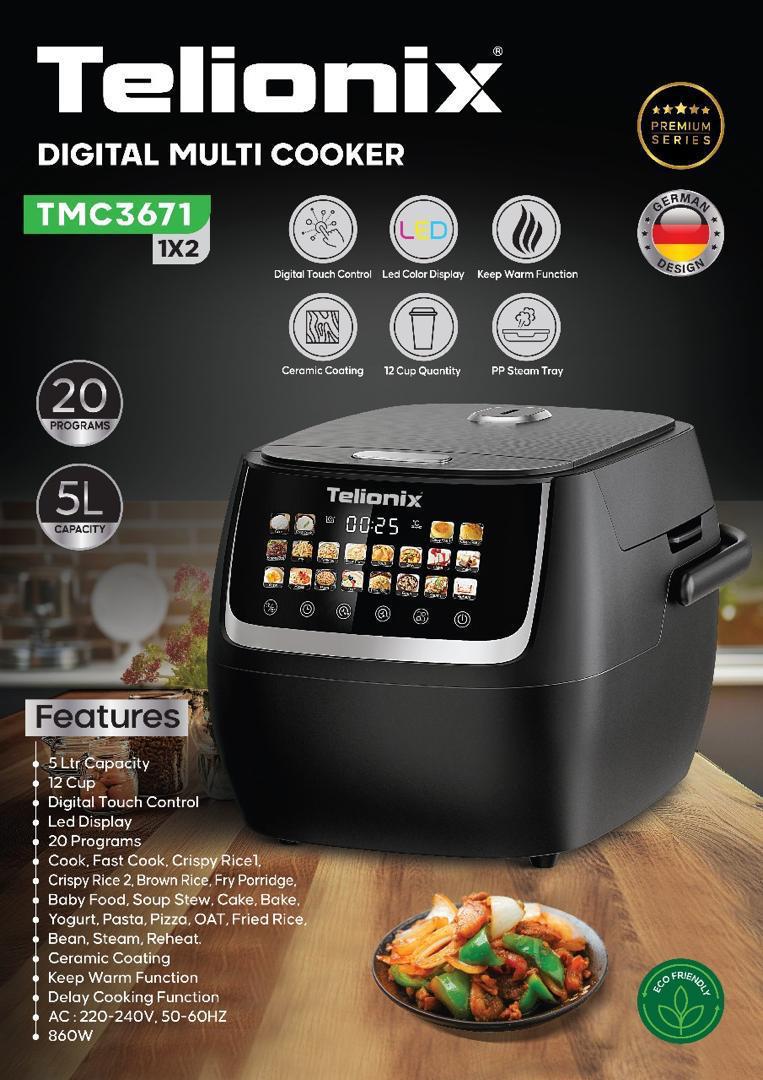 پلوپز سرخ کن ۱۰کاره TMC_3671  تلیونیکس  ویژگی ها ظرفیت ۵لیتر ۱۲فنجان کنترل لمسی  ۲۰برنامه عملکرد گرم نگه داشتن